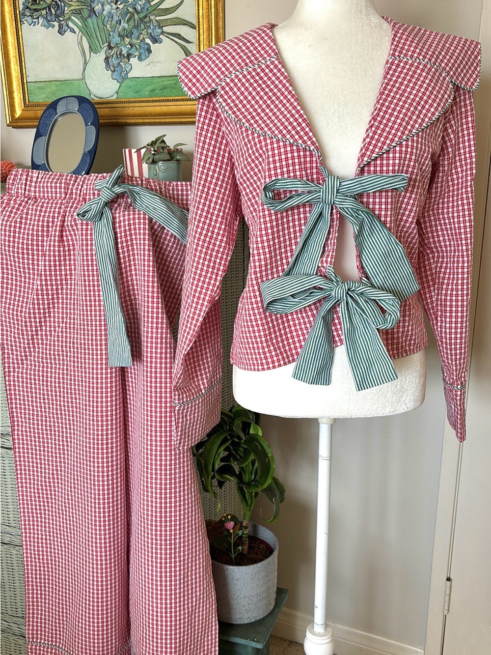 Matching Christmas pajamas set gingham with big bows